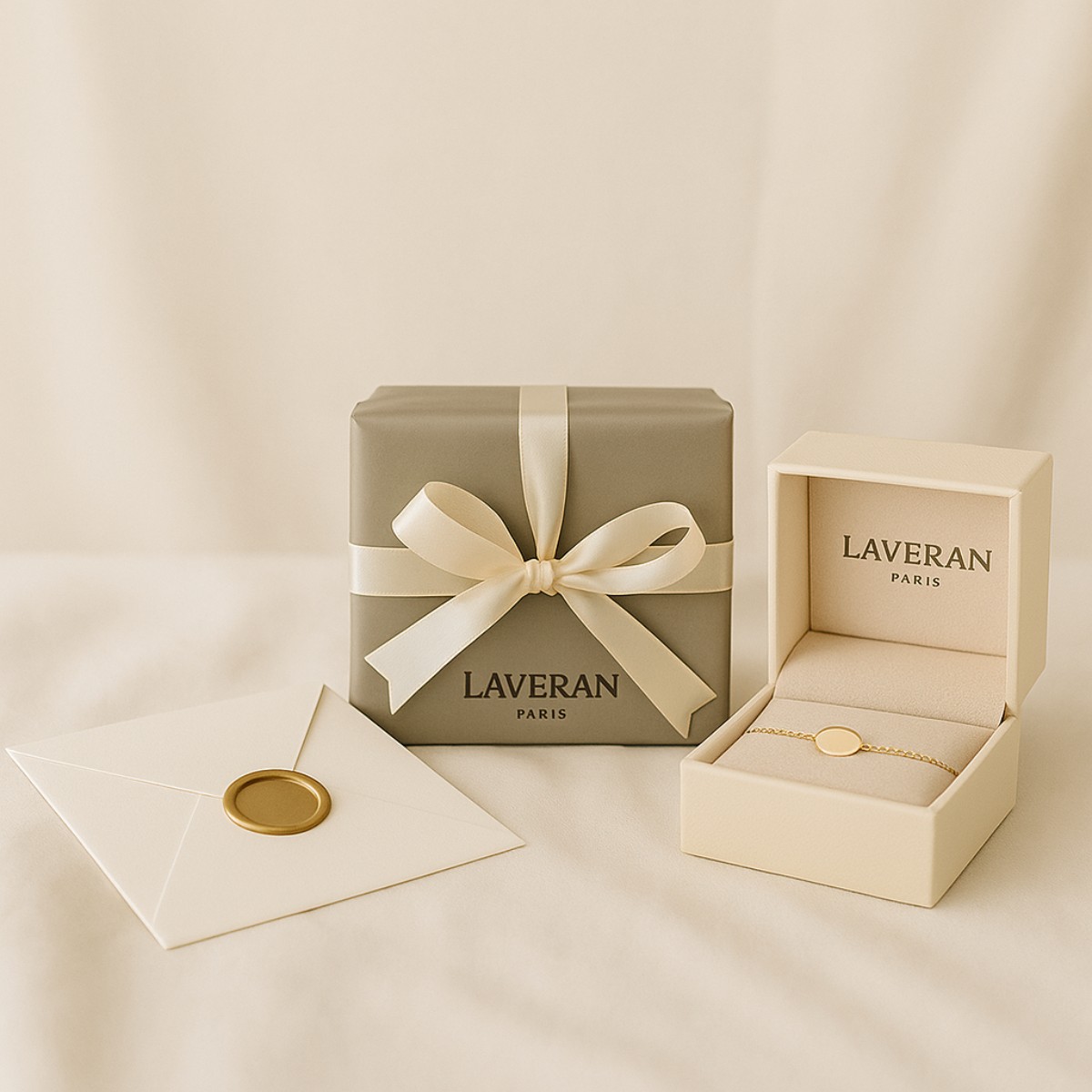 Cadeaux de baptême : coffret bracelet en or Laveran Paris, boîte cadeau et enveloppe cachetée sur fond neutre.
